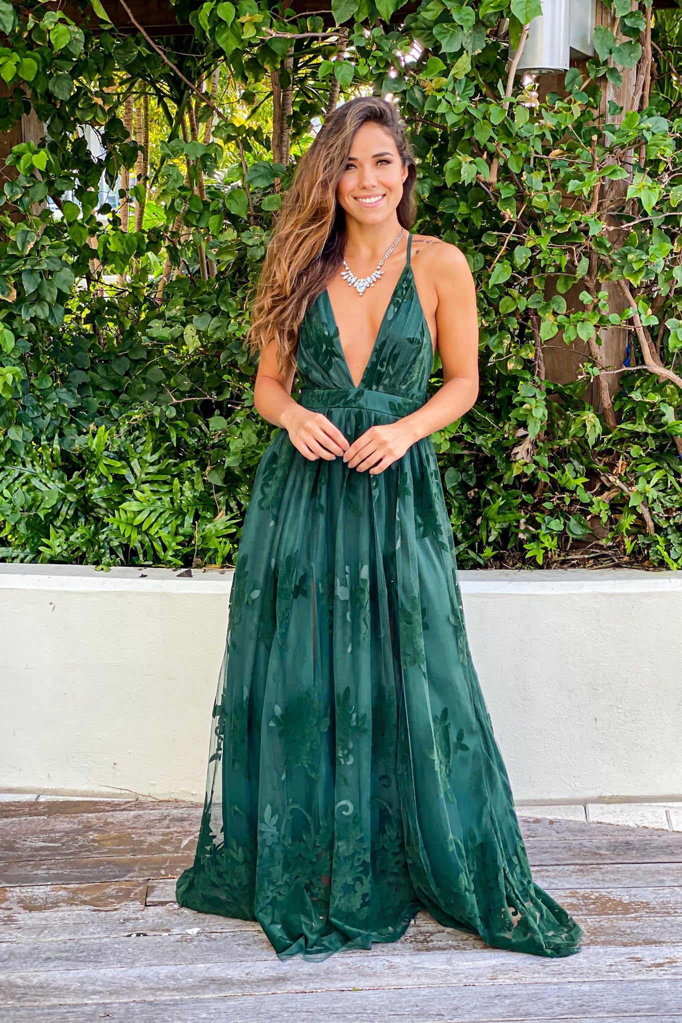 Hunter Green Floral Tulle Maxi Dress ...